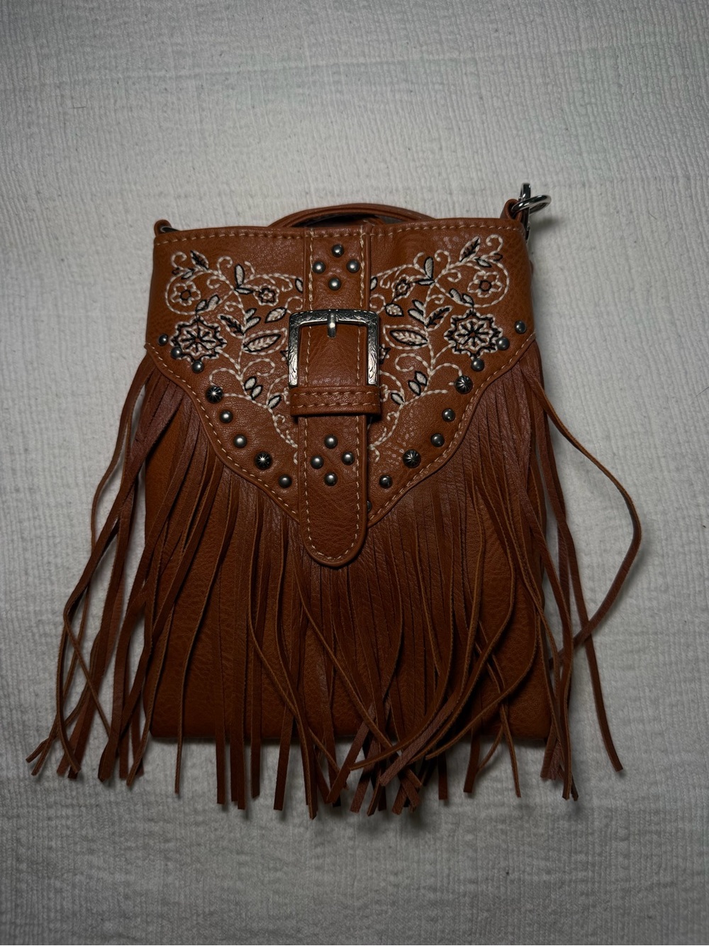 Fringed Embroidered Crossbody Bag - Brown